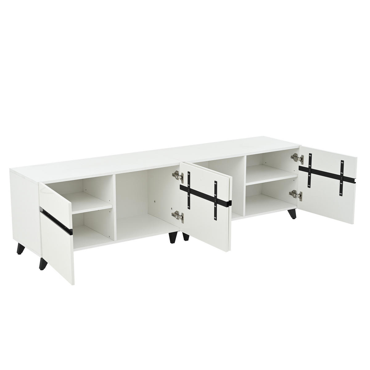 TV stolek 180/40/49 cm s vysokým leskem, 4 skříňkami, nastavitelnými přepážkami a 8 nohami, Bílá - bílá, kompozitní dřevo (180/49/40cm) - Redom