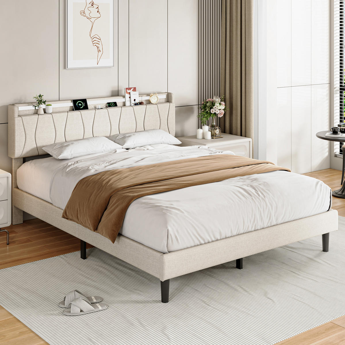 BETT 140x200 cm mit lattenrost, polsterbett mit USB und LED, leinenstoff, beige - Beige, Holz/Metall (140/200cm) - GENKI LIVING