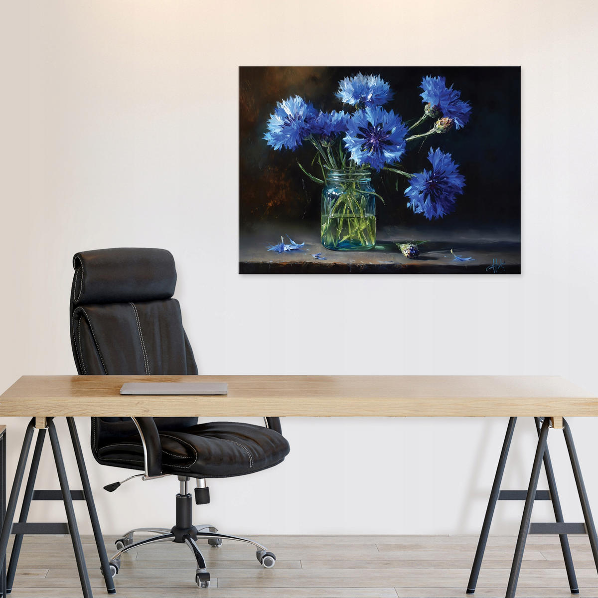 LEINWANDBILD Blumen in einer Vase Vintage Blau 120x80 cm - Multicolor, Holzwerkstoff (120/80cm) - Wallarena