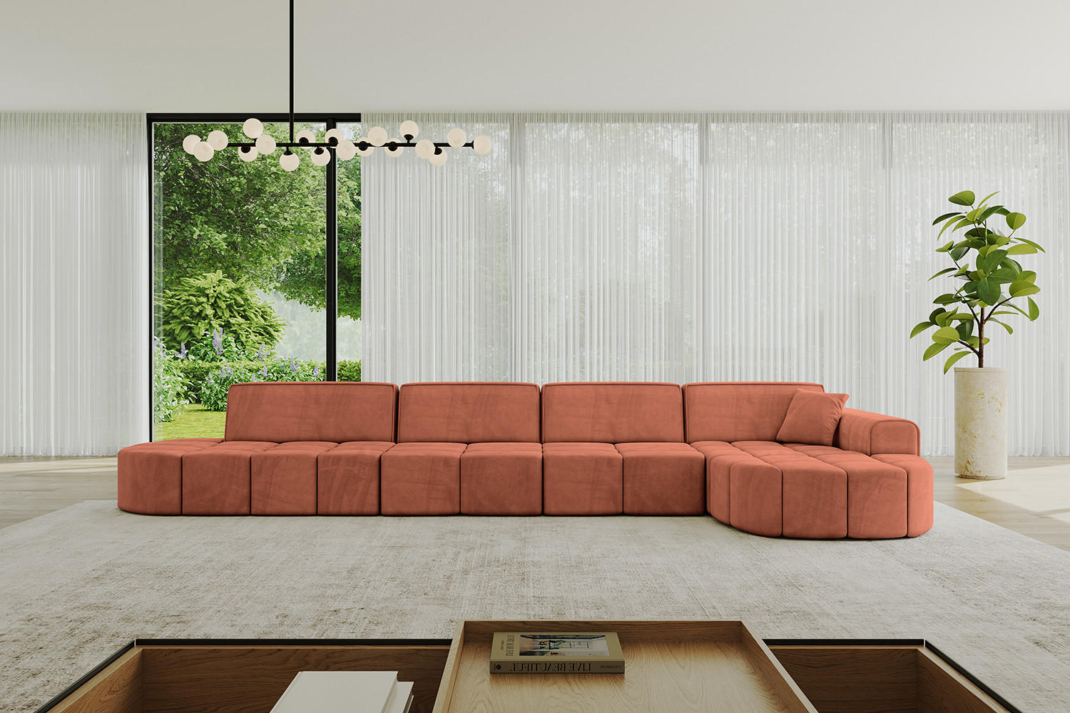 ECKSOFA Ottomane Rechts LIVO-L3 - 422x173x79,5 cm Apricot - Koralle, Holzwerkstoff/Textil (422/173cm) - ALTDECOR