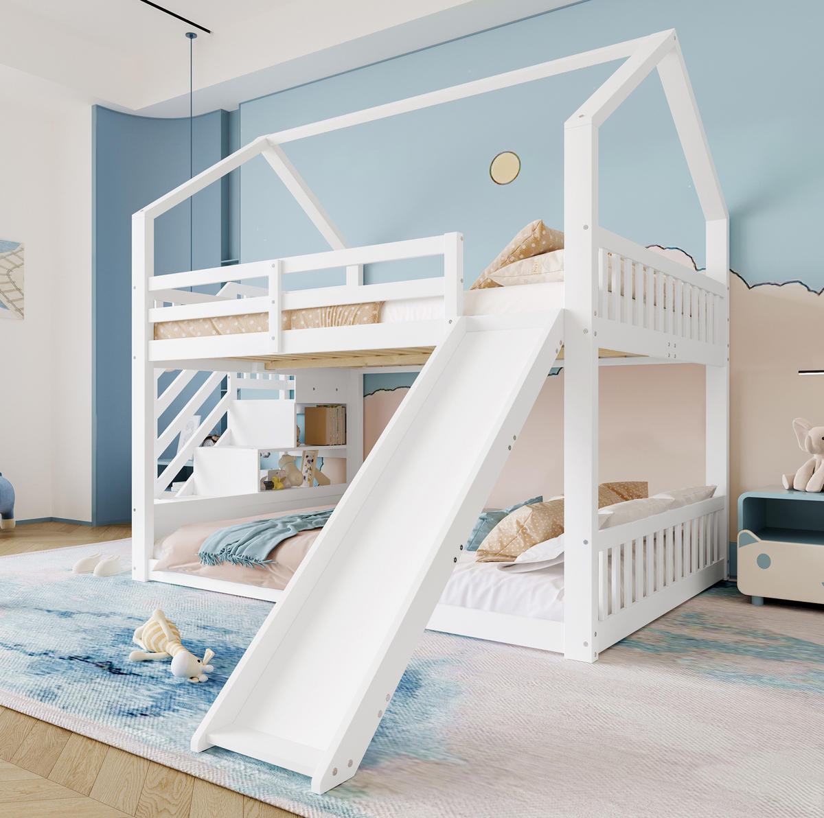 HAUSBETT 140/200 cm in Weiß mit Stauraumtreppe und Rutsche - Weiß, Holz (140/200cm) - BEAOK