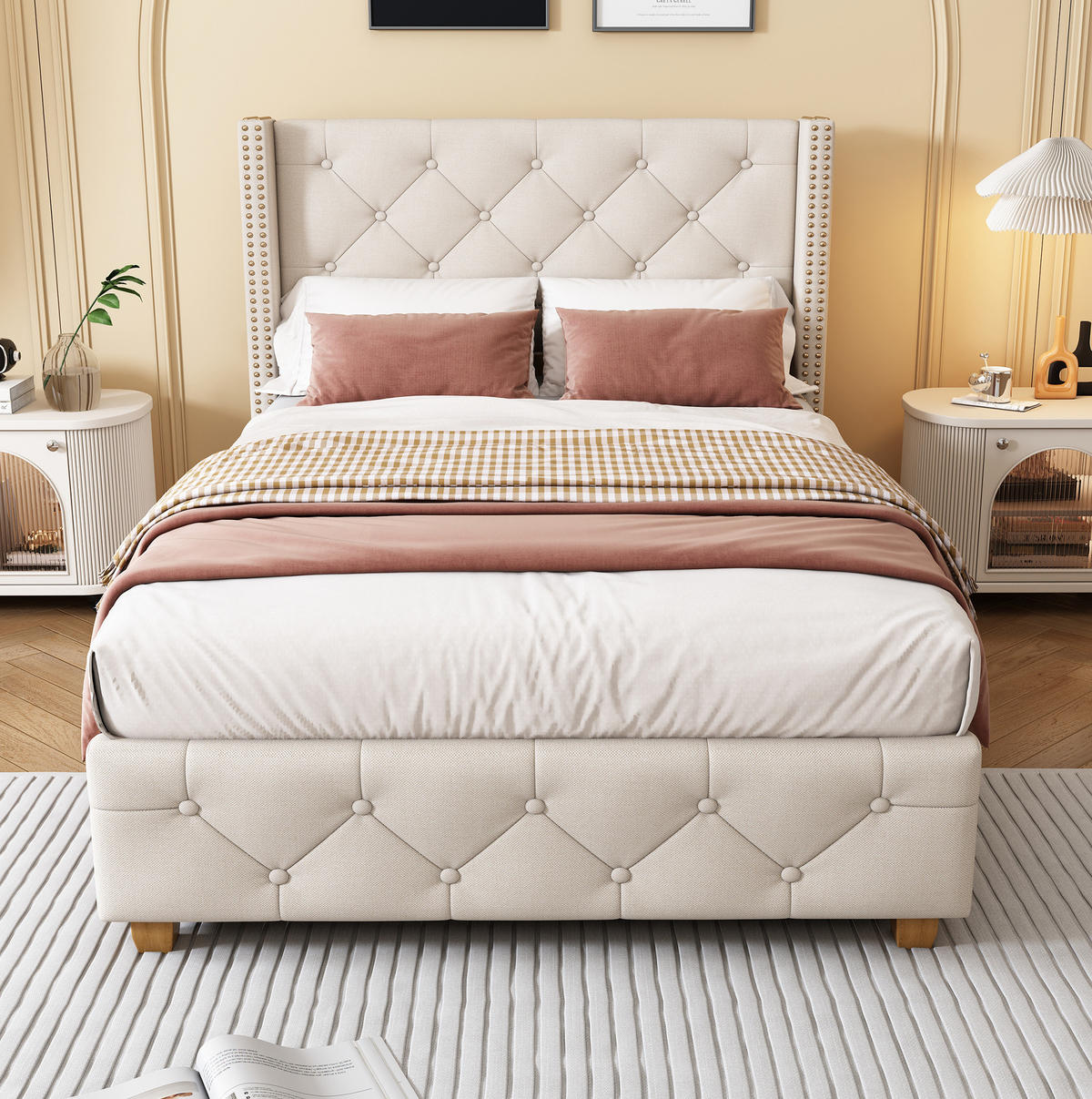POLSTERBETT 90/200 cm mit Lattenrost und gepolstertem Kopfteil in Beige - Beige, Textil (90/200cm) - BEAOK