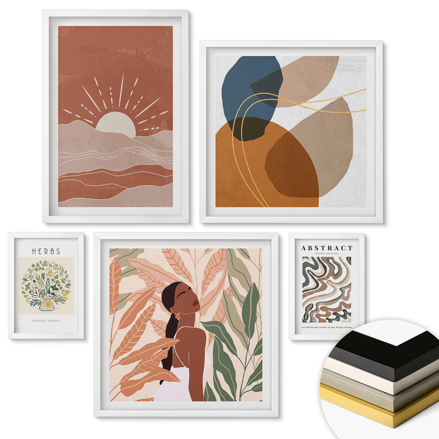 WANDBILDER 5er-Set - 50x50 cm & 20x30 cm & 40x60 cm Weißer Rahmen - Boho-Ästhetik, Pastellposter - Weiß, Kunststoff (40/60cm) - ArtPrintCave