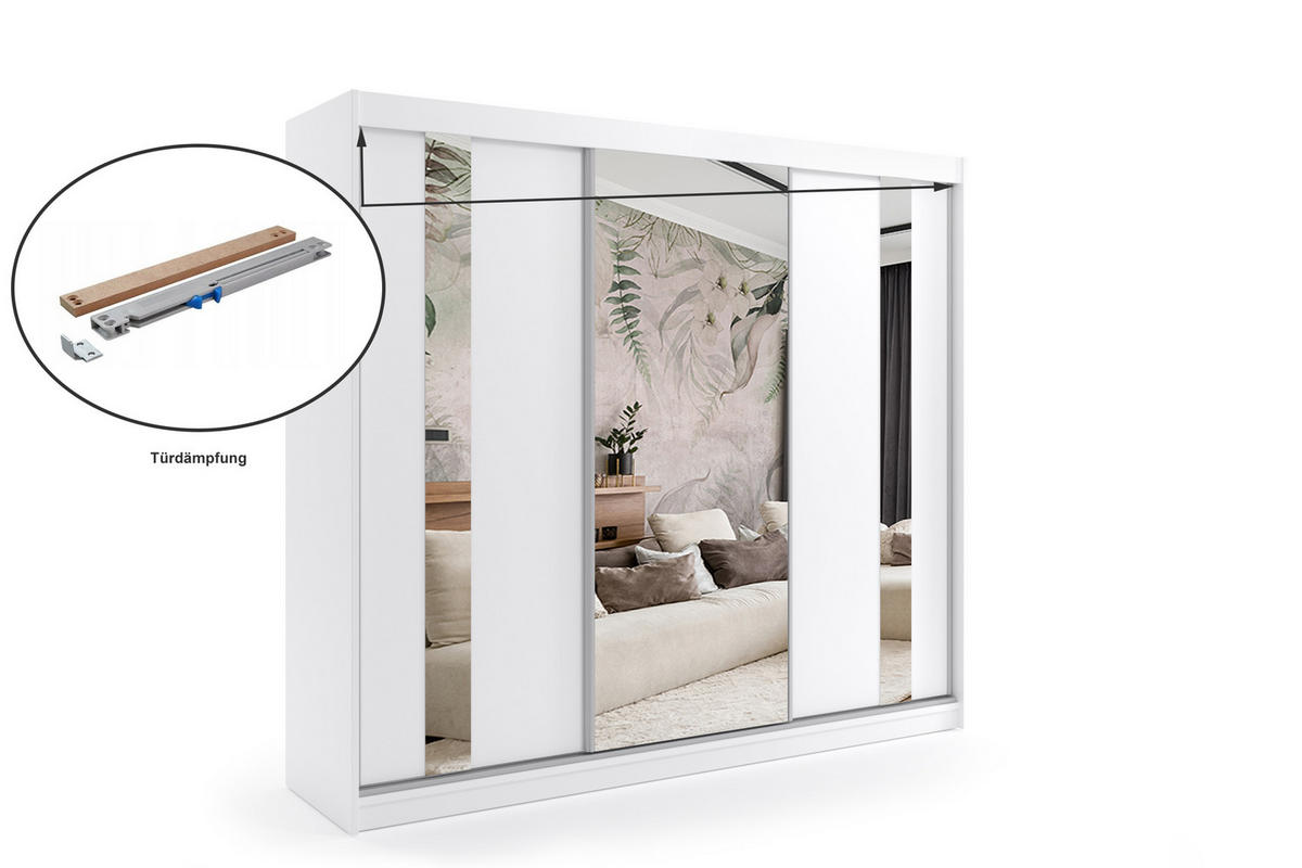 KLEIDERSCHRANK mit Spiegel-Schiebetüren und Aluminium-Leisten - GRACE - 240 cm Weiß - Weiß, Holzwerkstoff (240/216/61cm) - ALTDECOR