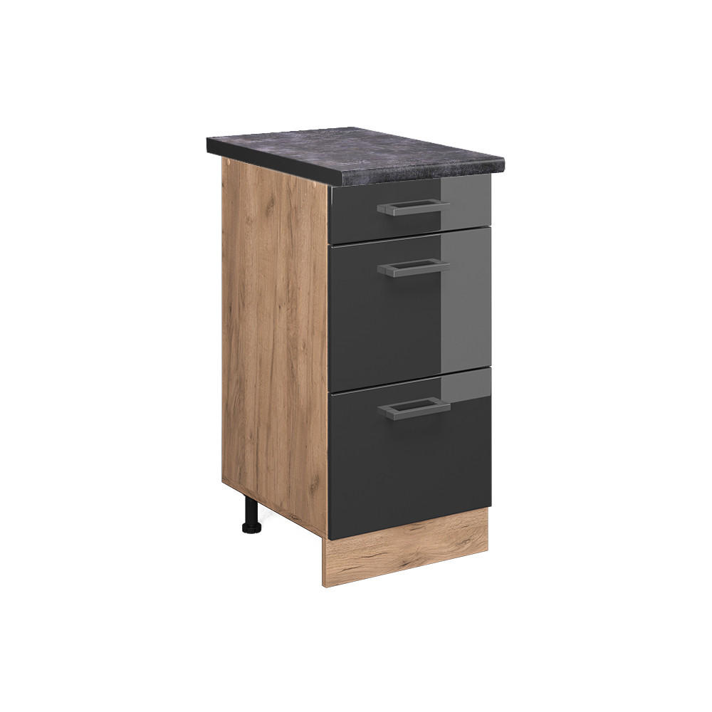 KÜCHENUNTERSCHRANK R-Line Anthrazit Hochglanz 40 cm mit Schubladen AP Anthrazit - Anthrazit/Eiche Wotan, Holzwerkstoff (40/81.6/60cm) - Vicco
