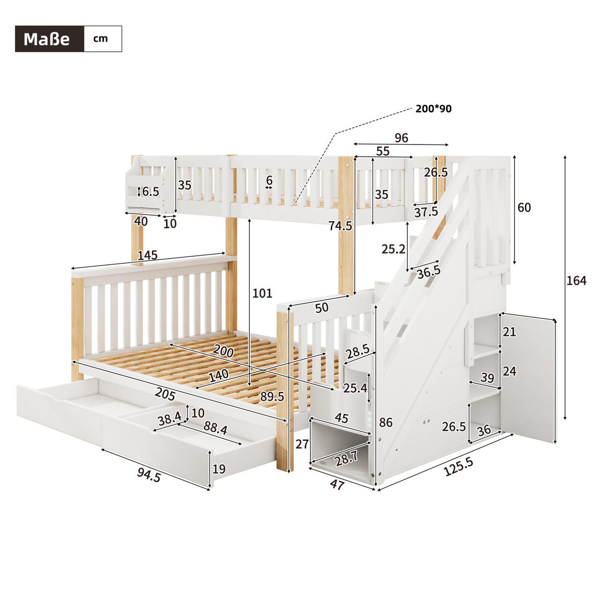 ETAGENBETT 90/200 cm aus Massivholz mit Treppenschrank, Schublade und Ablagekörben, Weiß/Natur - Weiß, Holzwerkstoff (90/200cm) - Redom