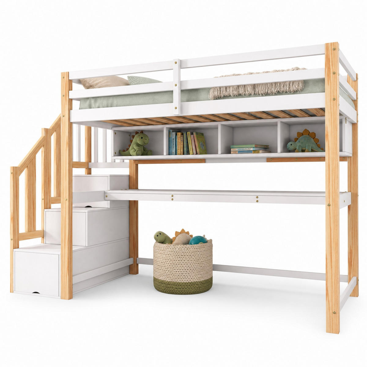 HOCHBETT 90/200 cm in Weiß & Natur mit Treppe, Schreibtisch und Regal - Eichefarben/Weiß, Holz/Holzwerkstoff (90/200cm) - CHICFURN