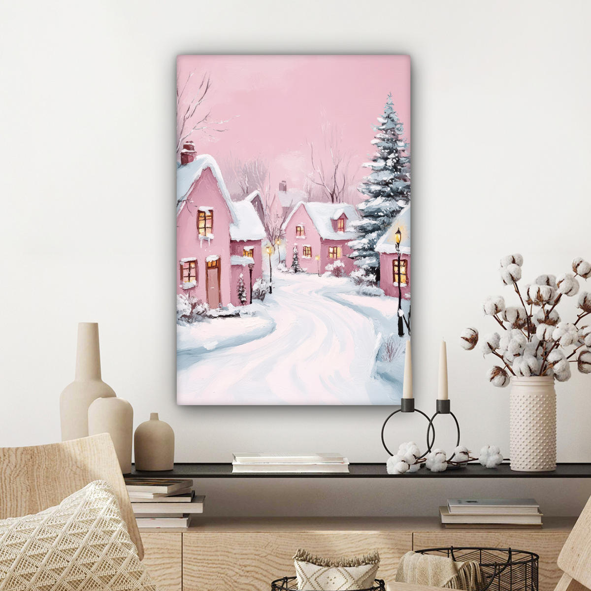 LEINWANDBILD Weihnachtsdorf - Rosa - Winter - Schnee - Häuser 40x60 cm - Altrosa, Textil (40/60cm) - MuchoWow