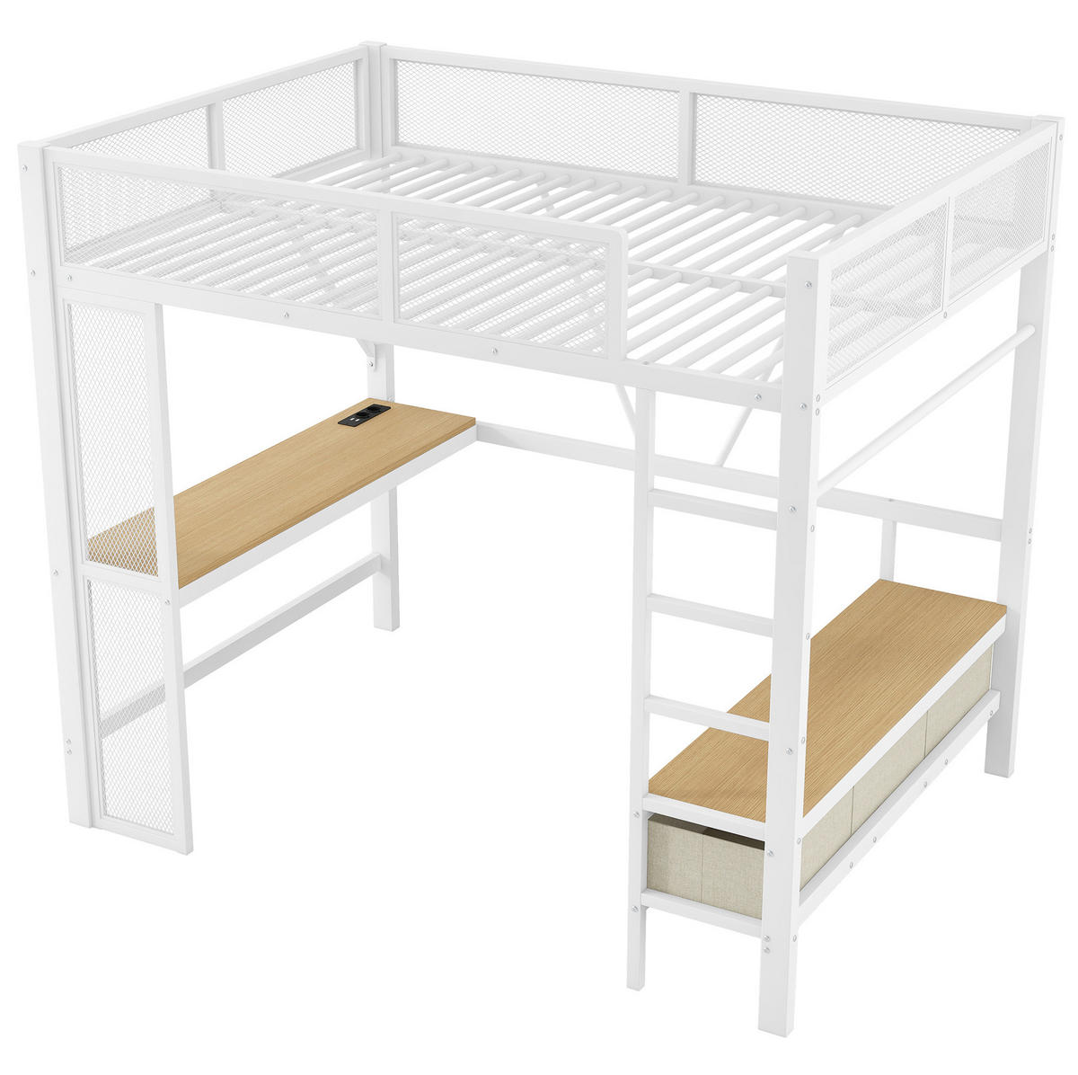 HOCHBETT 140/200 cm aus Metall und MDF mit LED, USB, Schreibtisch und Stauraum Weiß - Weiß, Holzwerkstoff (140/200cm) - Modenvie