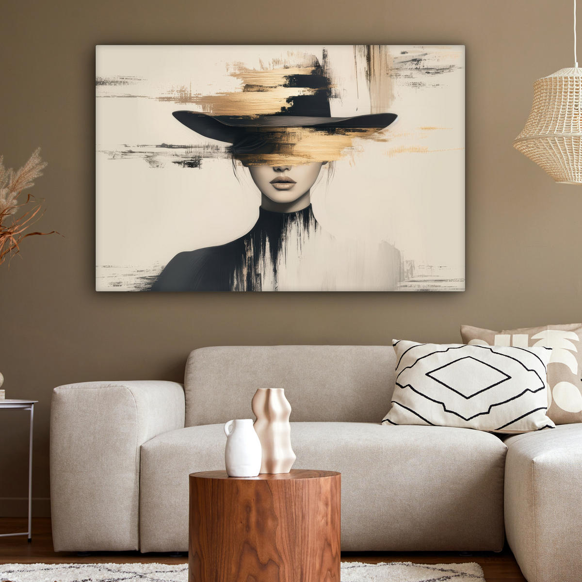 LEINWANDBILD Frau - Hut - Farbe XXL 150x100 cm - Goldfarben, Textil (150/100cm) - MuchoWow