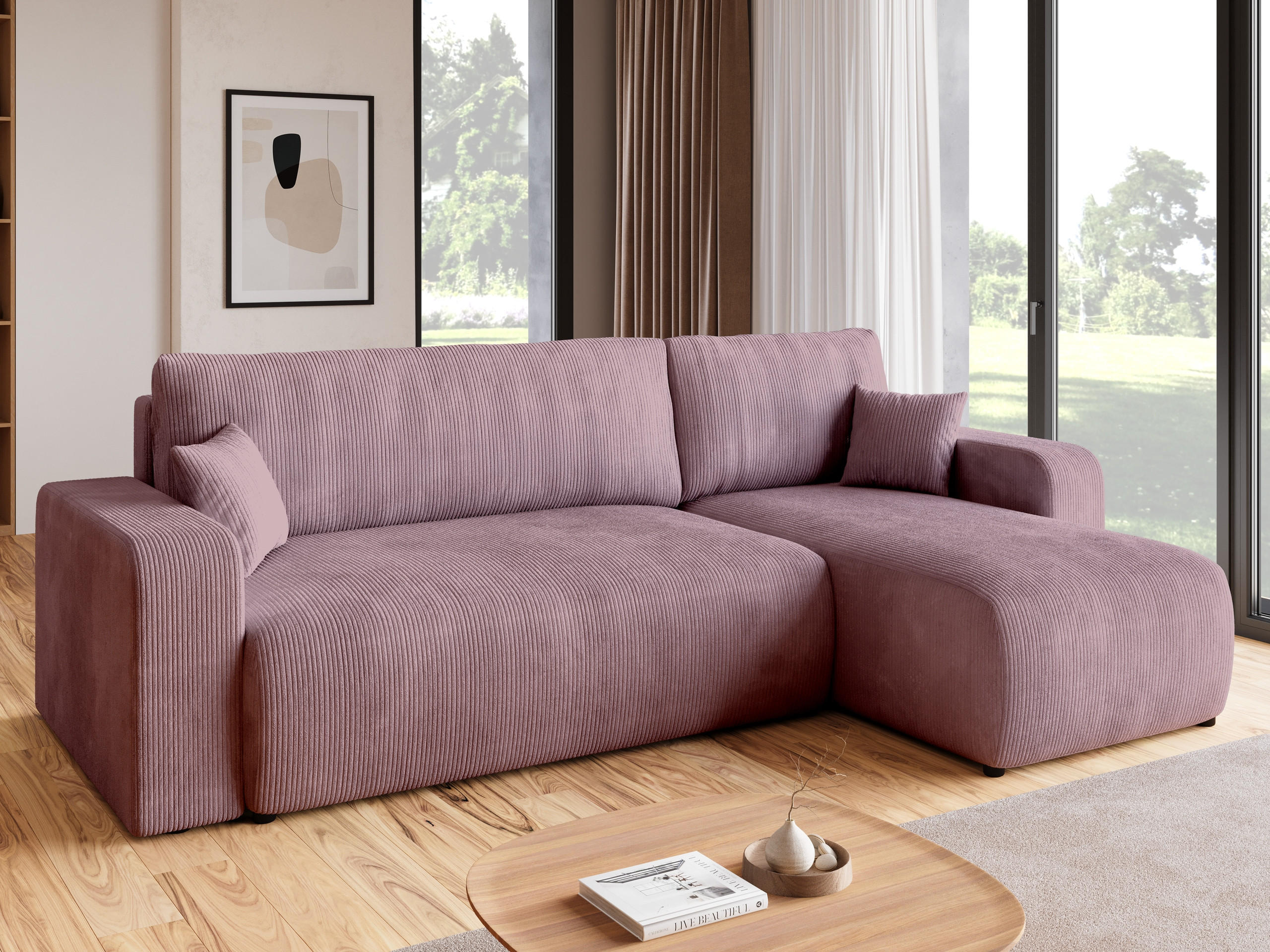 ECKSOFA PUMI mit Schlaffunktion Puderrosa Cord - Rosa, Textil (244/148cm) - Bromarkt