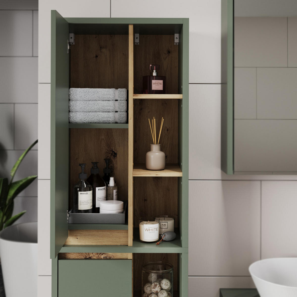 HOCHSCHRANK Viola Grün/Anthrazit 50 x 170 cm mit offenen Regalen - Anthrazit/Grün, Holzwerkstoff (50/170/33cm) - Vicco