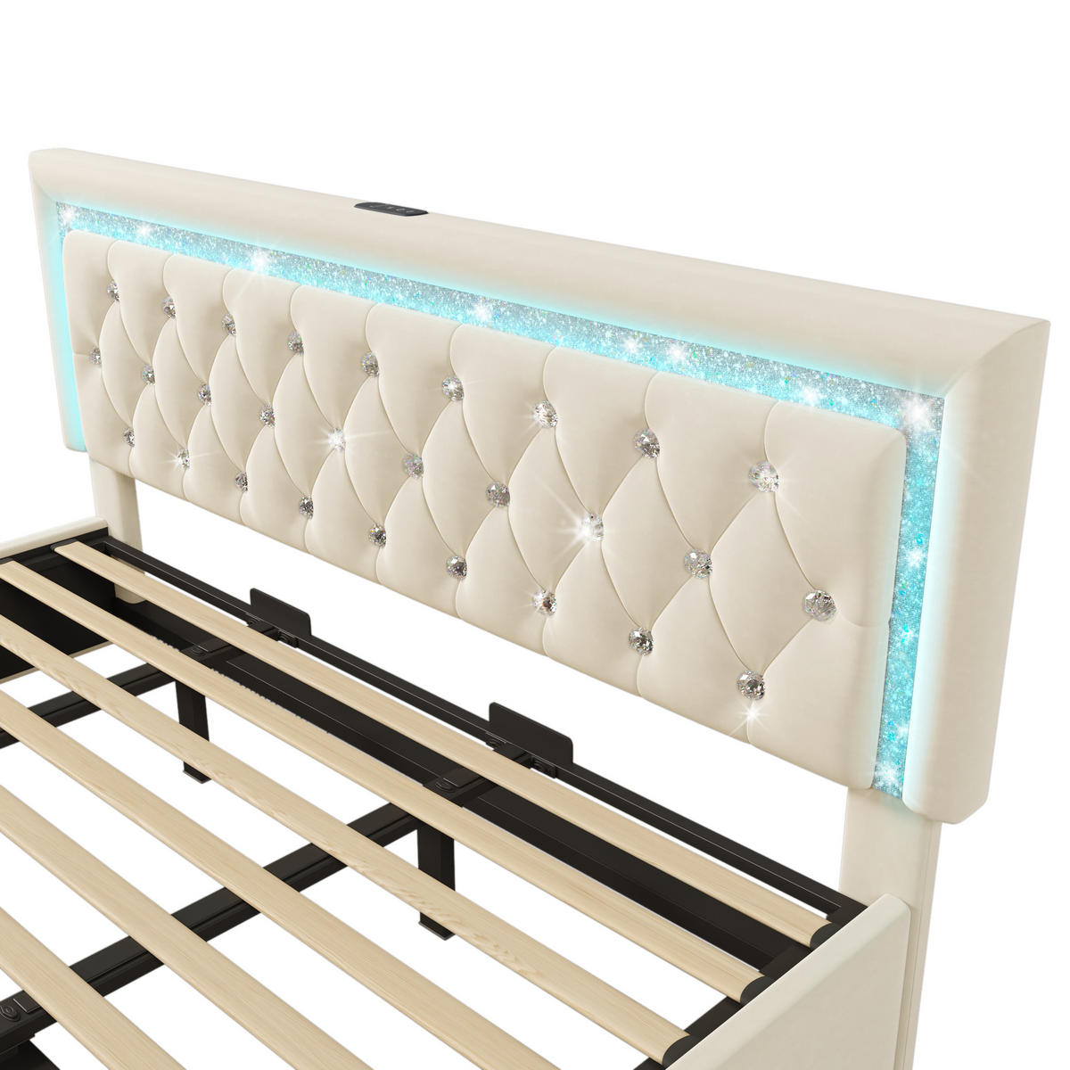 POLSTERBETT 180/200 cm in Beige Samt mit Bettkasten, LED, USB und Type-C - Beige, Holzwerkstoff/Textil (180/200cm) - WISHDOR