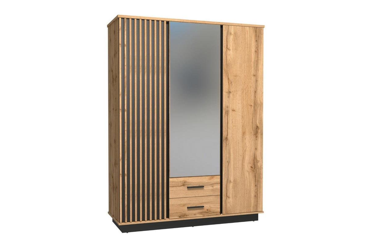 KLEIDERSCHRANK LAMI 15 146/194/52 cm in Wotan Eiche / Schwarz Matt mit Lamellen und Spiegel - Eiche Wotan/Schwarz, Holzwerkstoff (146/194/52cm) - Deine Möbel 24