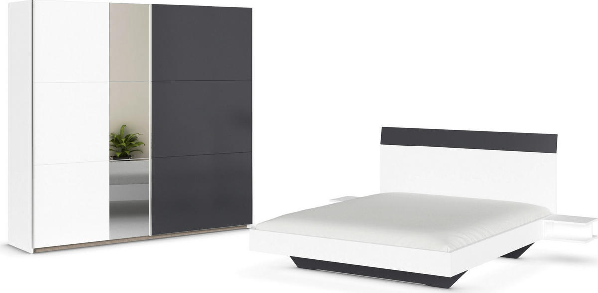 SCHLAFZIMMER Monza in Weiß und Grau Metallic mit Bettanlage 160x200cm, 2 Nachttischen und Schwebetürenkleiderschrank 4türig mit Spiegel - Weiß, Holzwerkstoff (80/200/120cm)