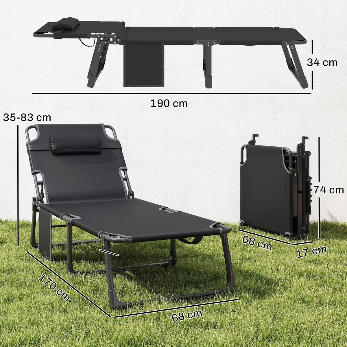SONNENLIEGE Stahl Netzstoff Dunkelgrau - Dunkelgrau, Textil/Metall (68/34/190cm) - Outsunny