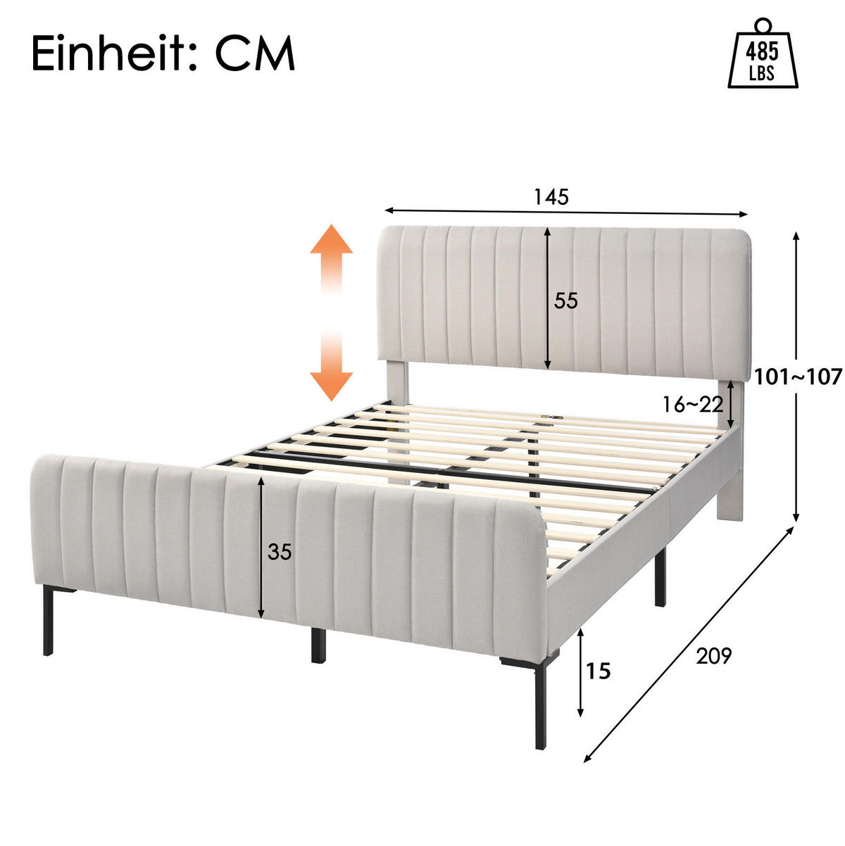 POLSTERBETT 140/200 cm grau-beige mit höhenverstellbarem Kopfteil - Grau, Textil (140/200cm) - OKWISH