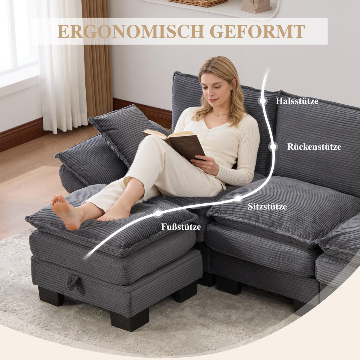 3-SITZER SOFA Cord Dunkelgrau mit Hocker, USB-C und Seitentaschen - Dunkelgrau, Holzwerkstoff/Kunststoff (260/132cm) - WISHDOR