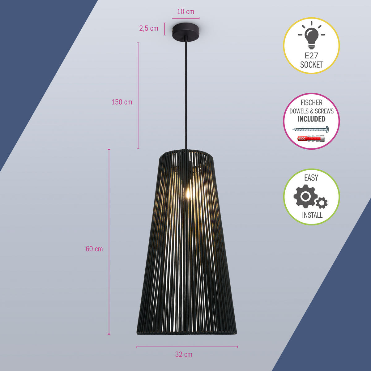 PENDELLEUCHTE Hugo Pd1 Mayve - Schwarz, Metall (32/32/60cm) - Paco Home