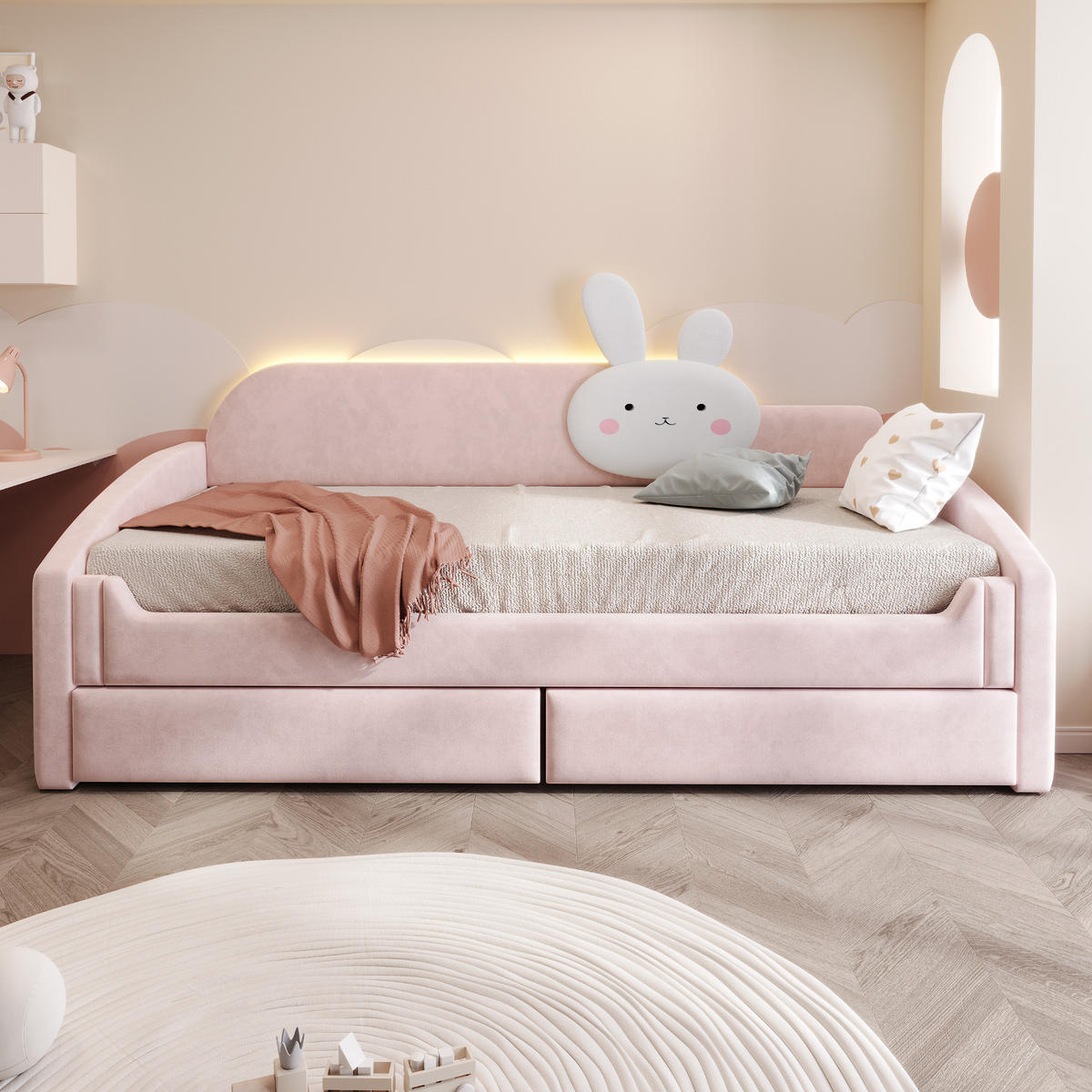 KINDERBETT 90/200 cm in Rosa mit 2 Schubladen, LED und Samt - Rosa, Holzwerkstoff/Textil - STILVORA