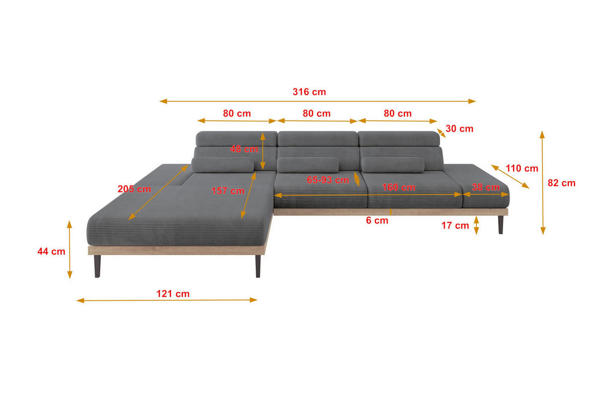 ELEKTRISCHES ECKSOFA Links MONA 316x205x85 Dunkelgrau Cord - Dunkelgrau, Holzwerkstoff/Textil (316/205cm) - ALTDECOR