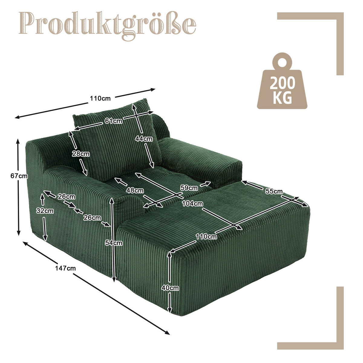 RELAXSESSELSET Übergroßer Loungesesselmit Fußhocker,Cord,Grün - Grün, Textil (110/87/147cm) - LVHOM