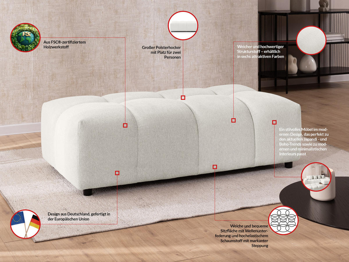 HOCKER Bubble mit Sitzfläche in Bubble-Optik aus weichem Creme Strukturstoff mit schöner Sitzkomfort - Creme/Schwarz, Holz/Kunststoff (147/42/74cm) - S-Style Möbel