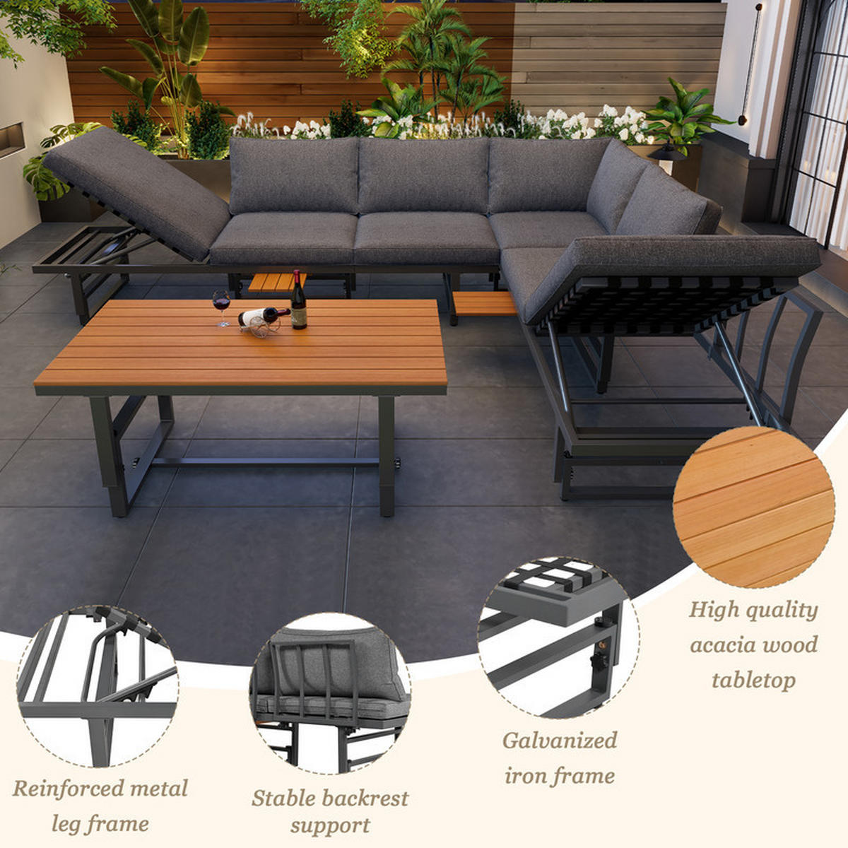 GARTENLOUNGE-SET GRAU 3-teilig mit 2 Sofas Akazienholz verstellbarer Lehne inkl. Kissen - Grau, Textil - BLACKCUP