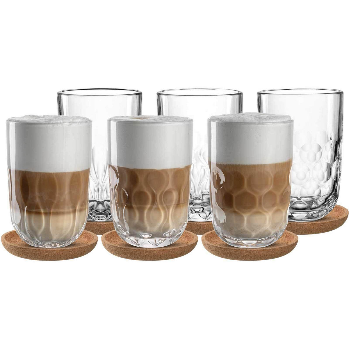 LATTE MACCHIATO GLÄSER MIT UNTERSETZER Gocce transparent 390 ml 6er Set - Transparent, Glas (0.39L) - Leonardo Living