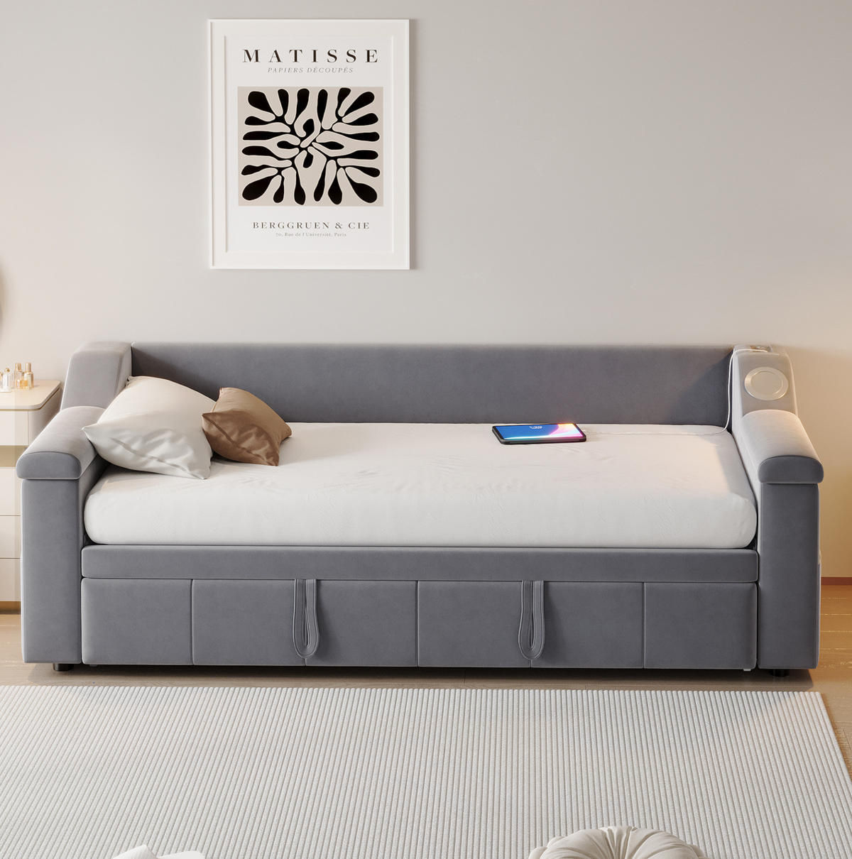 SCHLAFSOFA aus Samtstoff 90/180x190 cm Grau mit Bluetooth-Stereo, USB-Anschluss, Ablagefächern und Lattenrost - Grau, Textil (216/69/97cm) - Modfu