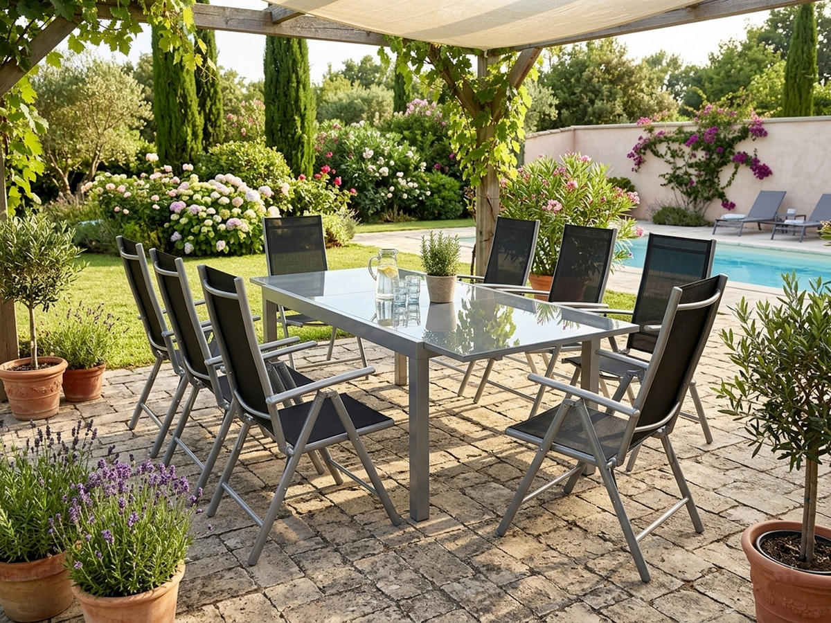 GARTEN-GARNITUR Ashford - 9-teilig (8x Klappsessel mit Armlehnen, 1x Ausziehtisch 180/240x100cm) - Schwarz, Metall - TPFGarden