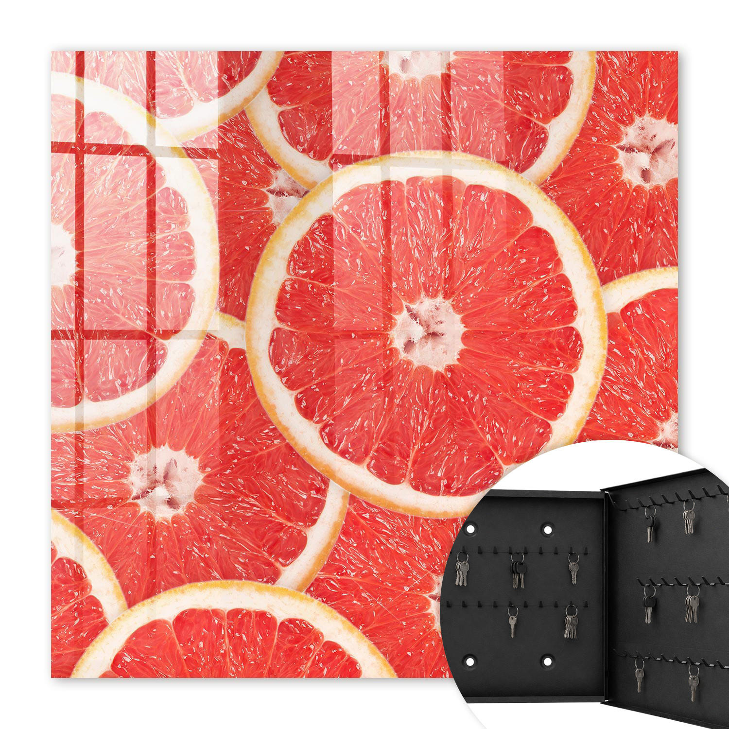 SCHLÜSSELBOX Schwarz 30x30 cm- Türöffnung nach rechts - Grapefruitscheiben - Rot, Metall (30/30/5cm) - TULUP