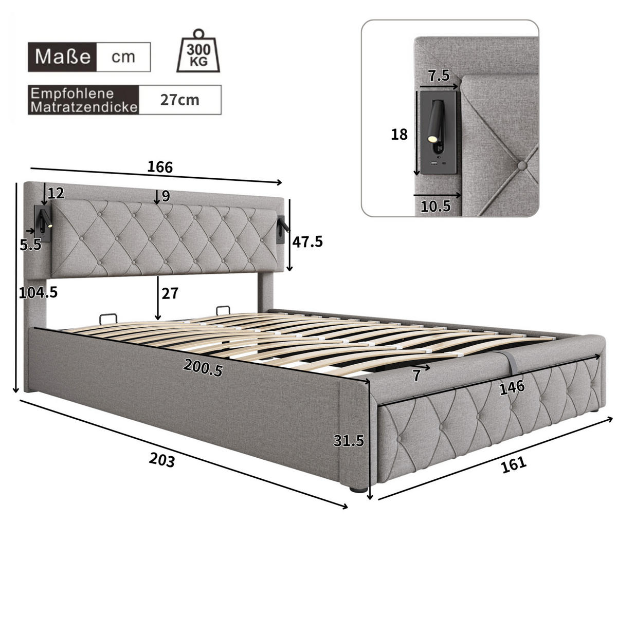 POLSTERBETT 160/200 cm mit Downlights, USB und hydraulischem Stauraum, Leinen, Grau - Grau, Textil (160/200cm) - Redom
