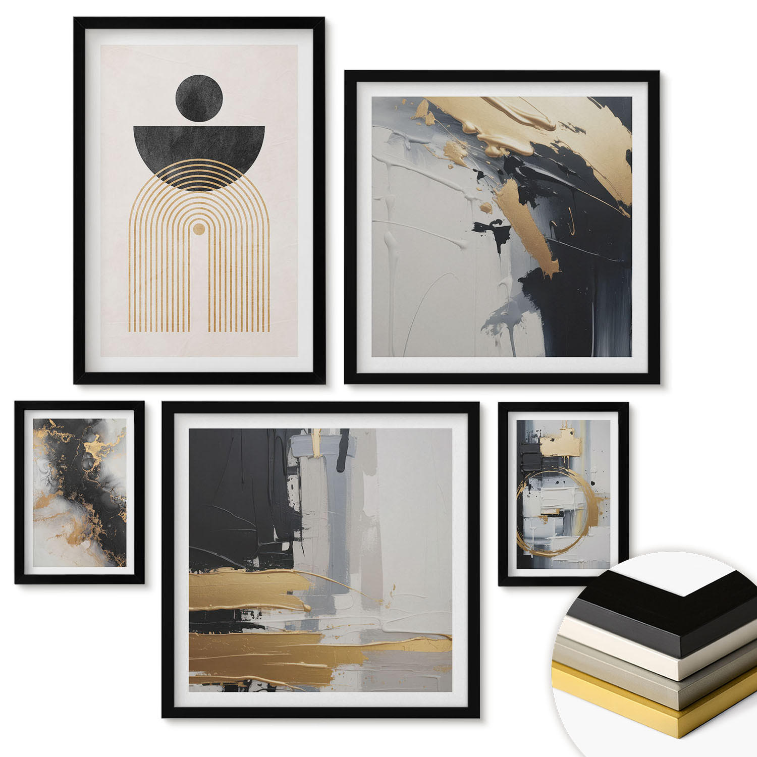 WANDBILDER 5er-Set - 50x50 cm & 20x30 cm & 40x60 cm Schwarzer Rahmen - Abstrakte Geometrie-Komposition - Schwarz, Kunststoff (40/60cm) - ArtPrintCave