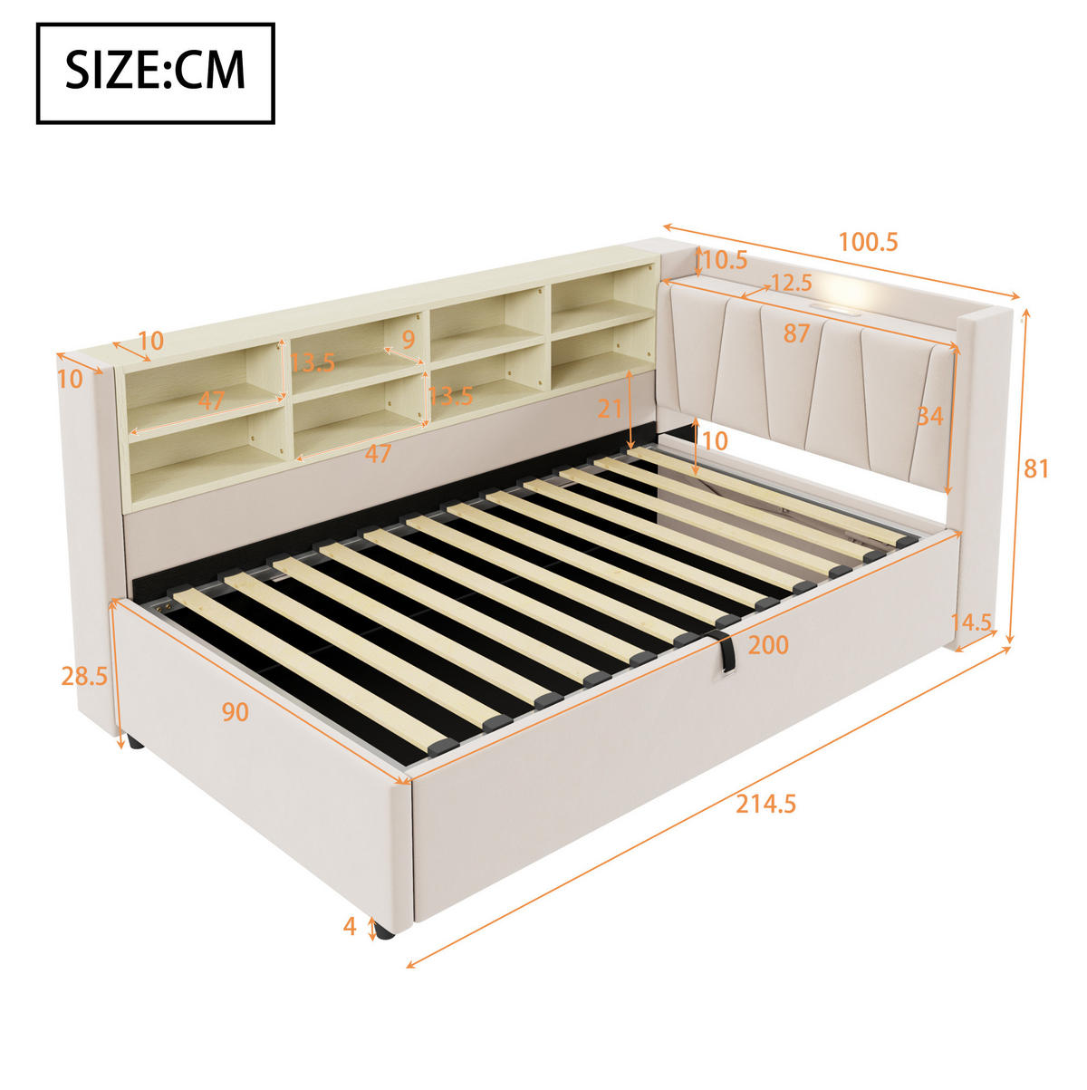 POLSTERBETT 90/200 cm aus Samt mit Nachtlicht, USB-, Typ-C-Anschluss, Bettkasten und Ablagefächern, Beige - Beige, Textil (90/200cm) - Redom