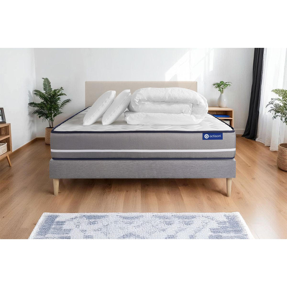 BETT Actiflex pur Taschenfederkern 200 x 200 cm h3 - Kit Bettgestell Grau - Mit Kissen und Bettdecke - Beige/Grau, Karton/Holz (200/200cm) - ACTISOM