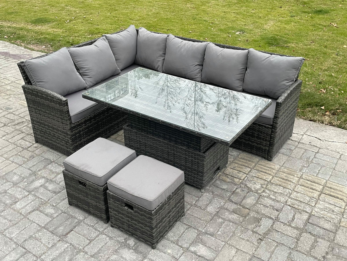 GARTENSET mit Höhenverstellbarer Tisch Polyrattan Dunkelgrau 8-Sitzer - Dunkelgrau/Grau, Glas/Kunststoff - Fimous