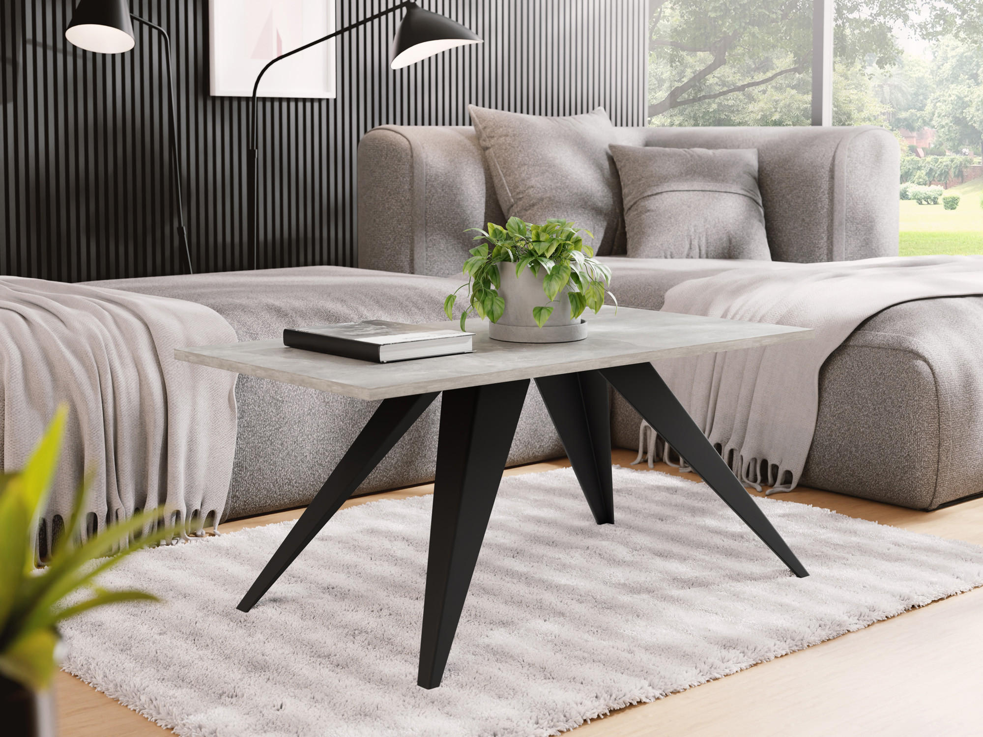 COUCHTISCH Vance rechteckig, Grauer Beton 120/60/48 cm - Hellgrau/Schwarz, Holzwerkstoff/Metall (60/120/48cm) - WFL GROUP