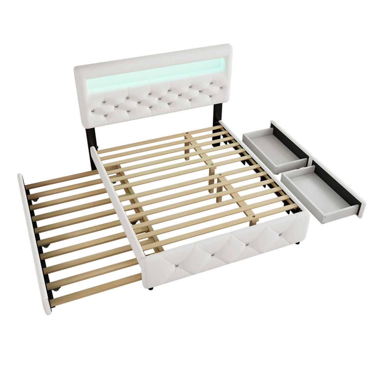 POLSTERBETT 140/200 cm Weiß mit Bettauszug und 2 Schubladen sowie Nachttisch mit Lichtleiste - Weiß, Textil (140/200cm) - OKWISH