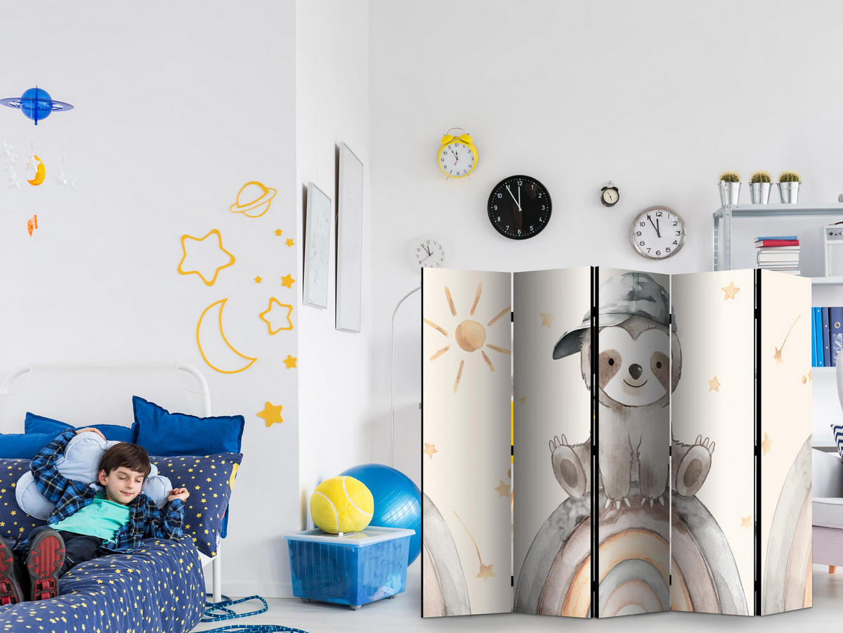 PARAVENT Einseitig Bedruckter 5-tlg 225x172 cm Faultier Regenbogen Kinder - Multicolor, Holz/Textil (225/172/3cm) - Muralo