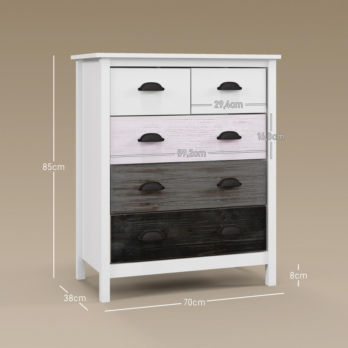 KOMMODE Aufbewahrungsschrank mit 5 Schubladen, Schubladenschrank mit Griff - Weiß, Metall (38/85/70cm) - HOMCOM