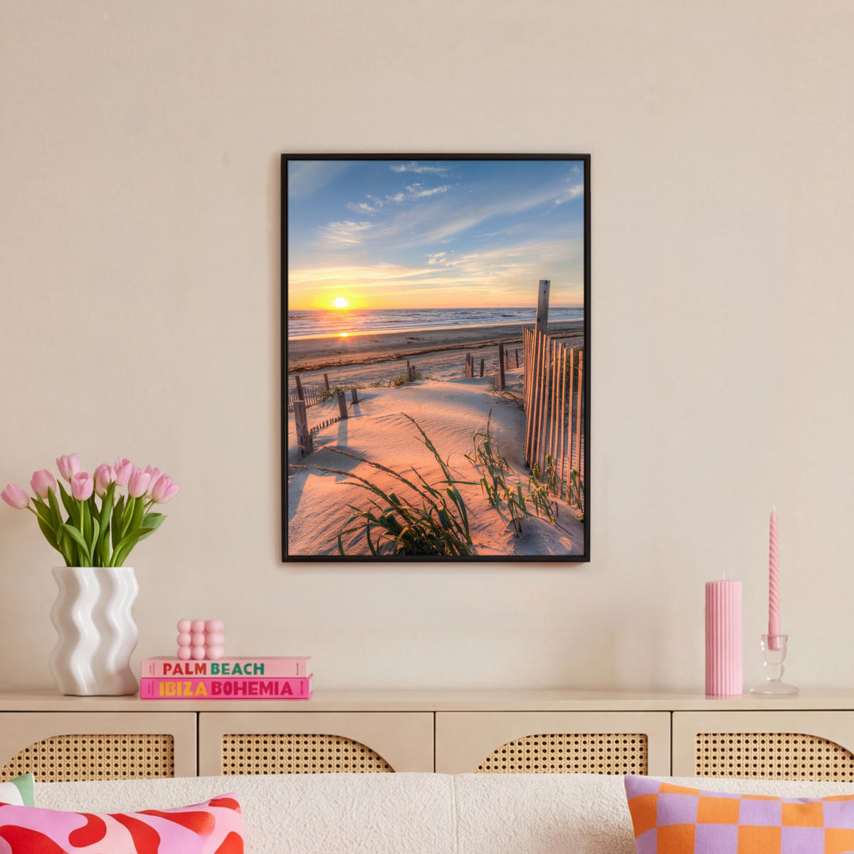 LEINWAND Bilder mit Rahmen - Strand - Meer - Düne - Sonnenuntergang - Landschaft - 50x70 - Beige, Textil (50/70cm) - MuchoWow