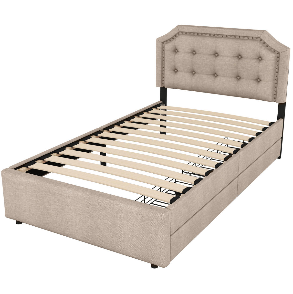 POLSTERBETT 90/200 cm mit 2 Schubladen und gepolstertem Kopfteil in Dunkelbeige - Beige, Textil (90/200cm) - BEAOK