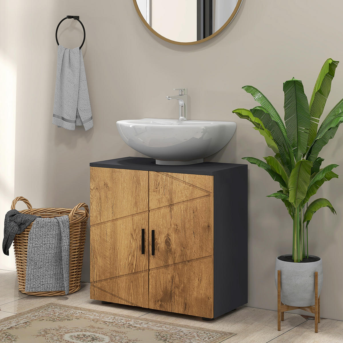 WASCHBECKENUNTERSCHRANK DE-15879 mit 2 Türen Anthrazit/Holz - Eichefarben, Holzwerkstoff (60/60/30cm) - ComfortXL