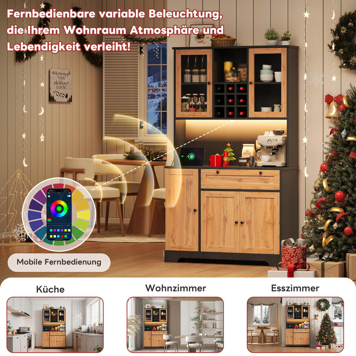 BUFFET DE-38659 180/105/40 cm LED-Beleuchtung und integrierte Steckdose Natur - Naturfarben, Holzwerkstoff (105/180/40cm) - ComfortXL