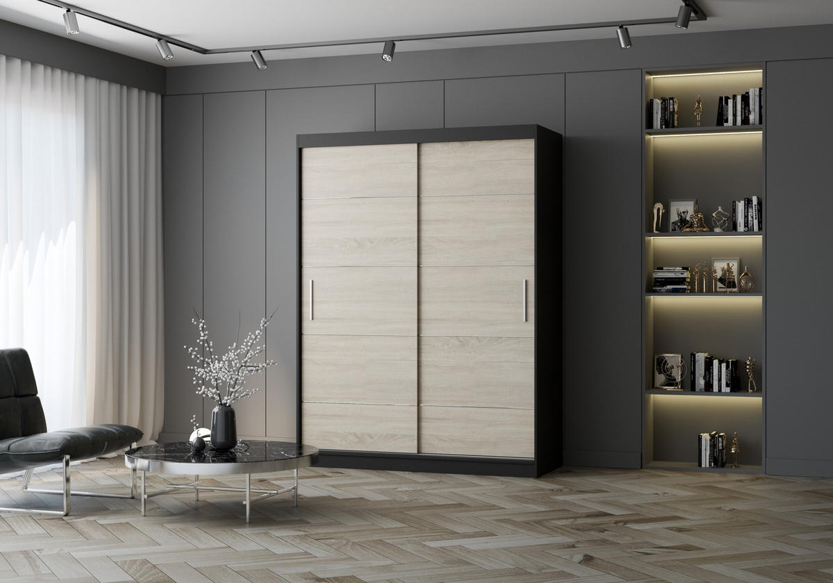 SCHIEBETÜRENSCHRANK - Lara 06 - Schwarz + Sonoma - Schwarz/Sonoma Eiche, Holzwerkstoff/Metall (150/200/61cm) - Möblo