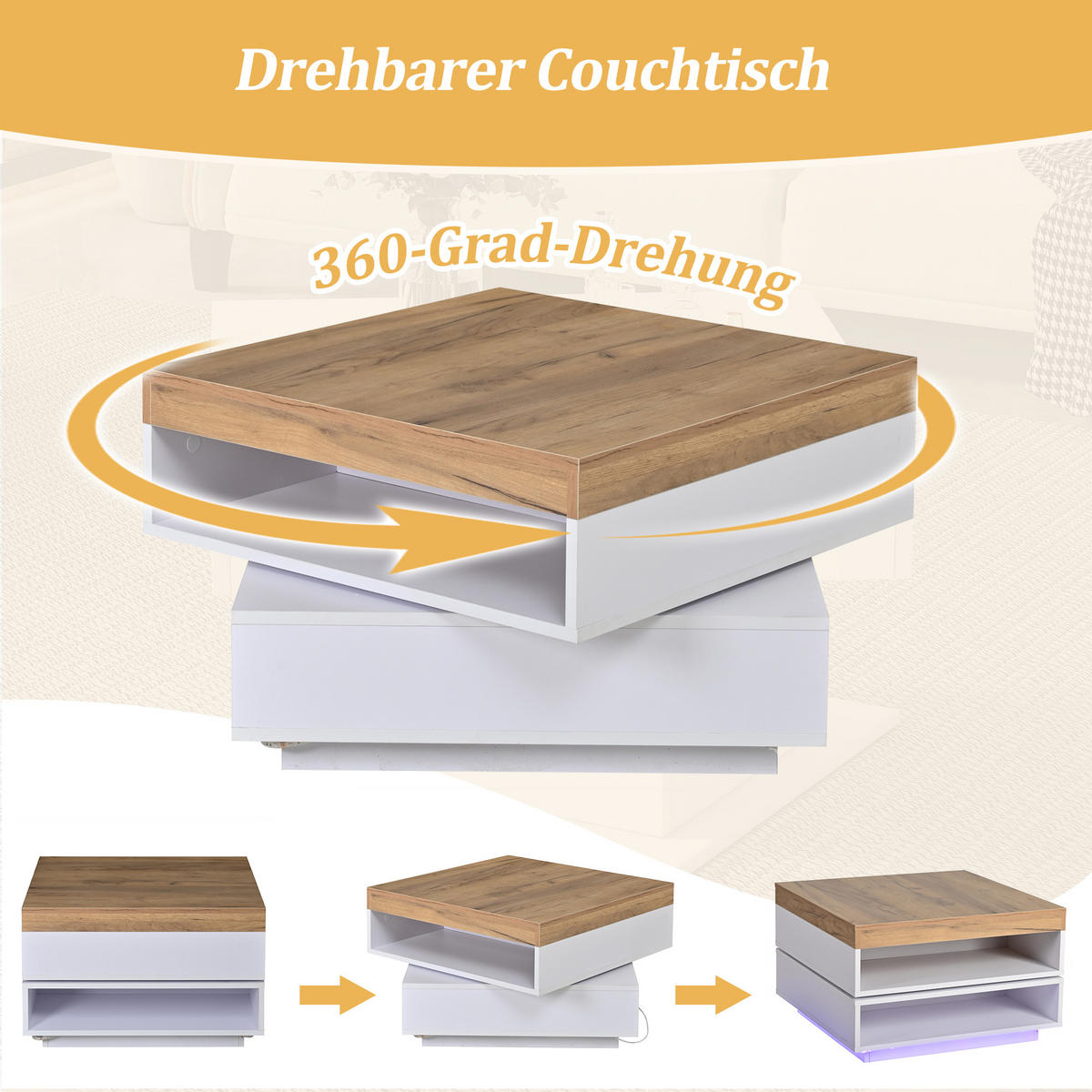 COUCHTISCH in Weiß Sofatisch mit 360° drehbarer Tischplatte, LED-Beleuchtung & Stauraum, B65/T65/H40cm - Weiß/Naturfarben, Holzwerkstoff/Metall (65/65/40cm) - STILVORA
