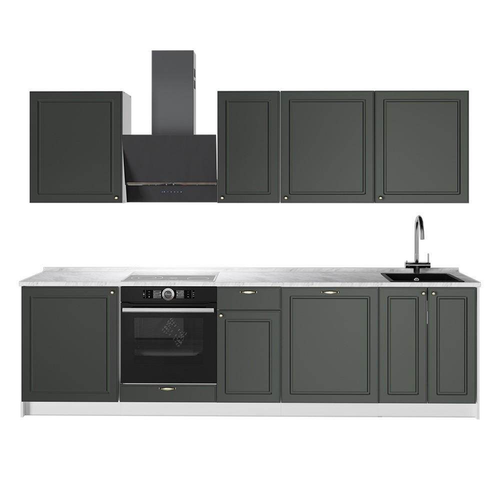 KÜCHENZEILE Fame-Line, Grün-Gold Landhaus/Weiß, 280 cm, AP Marmor - Weiß/Grün, Holzwerkstoff (280/206.8/60cm) - Vicco