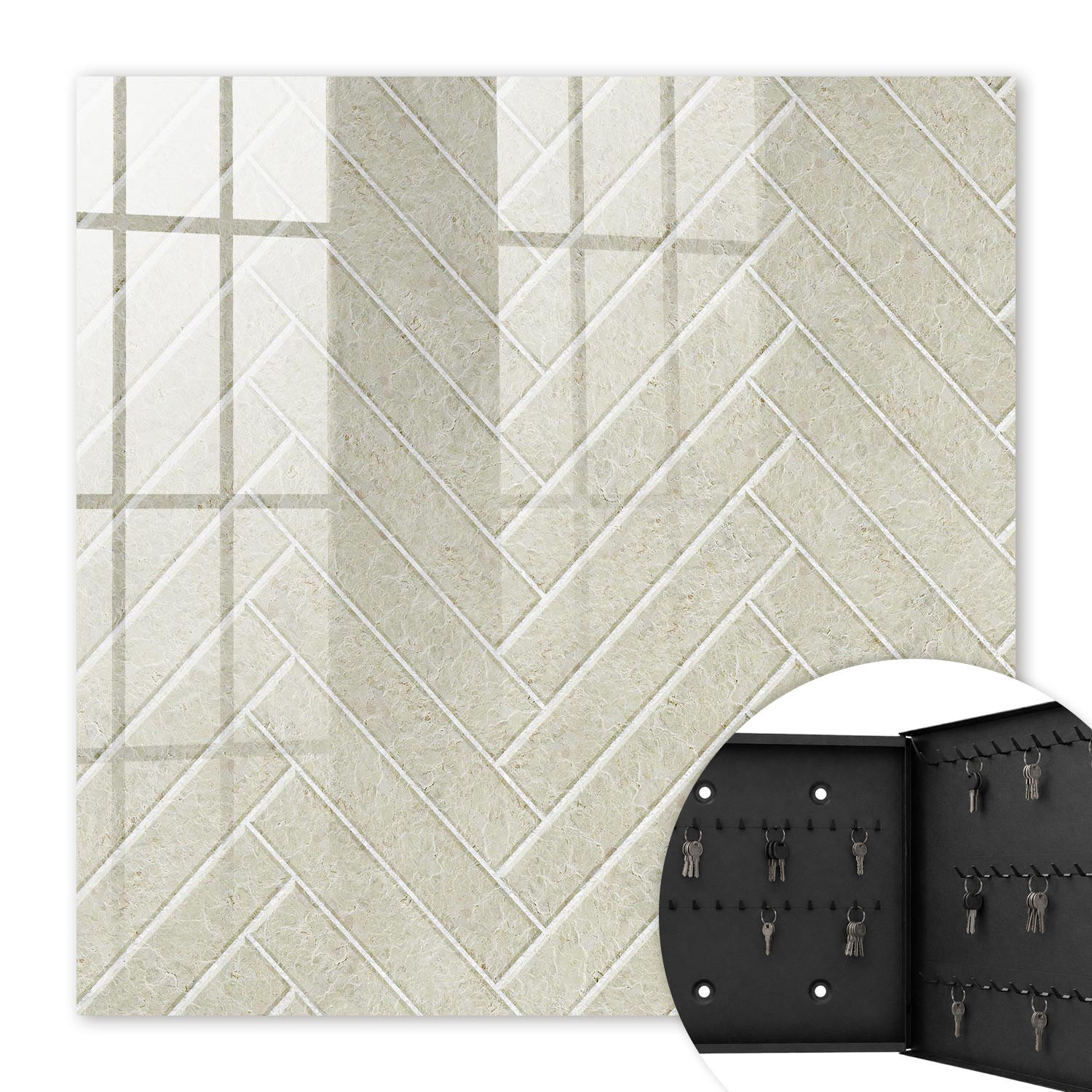 SCHLÜSSELBOX Schwarz 30x30 cm- Türöffnung nach rechts - Beige Fischgrätmuster - Beige, Metall (30/30/5cm) - TULUP