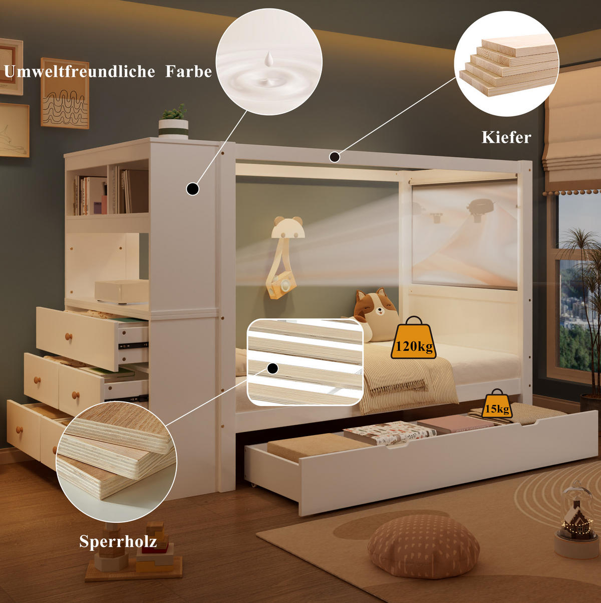 KINDERBETT 90/200 cm in Weiß mit Fallschutz, Stauraum und Himmelstange - Weiß, Holzwerkstoff (90/200cm) - BEAOK